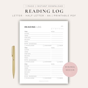 Puede incluir: Un registro de lectura imprimible en blanco con secciones para título, autor, género, fechas de inicio y finalización, páginas y calificación. Un bolígrafo dorado está a la izquierda. El diseño es minimalista.
