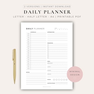 Minimalist Daily Planner Printable | Daily Schedule & To Do List | Productivity Planner Insert | US Letter A4 Half Letter