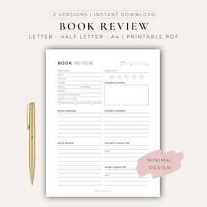 Book Review Printable | Reading Journal Template | Fiction & Nonfiction Book Review | Digital Reading Planner PDF
