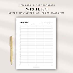 May include: A printable wishlist template in black and white with columns for item, store, price, and notes, featuring a date line with days of the week. The text reads WISHLIST, 2 VERSIONS | INSTANT DOWNLOAD, LETTER - HALF LETTER - A4 - A5 | PRINTABLE PDF.