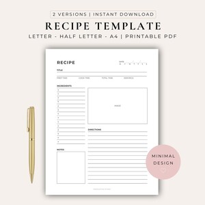 Puede incluir: Una plantilla de receta en PDF imprimible de color blanco con texto negro que incluye secciones para título, fecha, tiempo de preparación, cocción, total, porciones, ingredientes, instrucciones y notas, junto a un bolígrafo dorado y un círculo rosa.