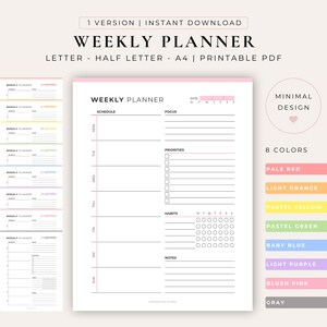Weekly Planner Printable | Minimalist Weekly Schedule | Colorful Weekly Planner | Weekly Organizer | Productivity Planner