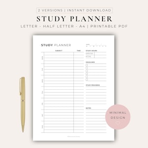 Puede incluir: Una página de planificador de estudio blanca con texto y líneas negras, que incluye secciones para materia, hora, horas de estudio, fechas límite, progreso de estudio y notas. El texto dice STUDY PLANNER, 2 VERSIONS, INSTANT DOWNLOAD, A4, PRINTABLE PDF.