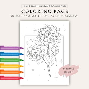 Op de afbeelding: Een printbare kleurplaat met een zwart-wit lijntekening van hortensiabloemen met kleine steraccenten binnen een rechthoekige rand. De tekst luidt 1 VERSION | INSTANT DOWNLOAD COLORING PAGE LETTER - HALF LETTER - A4 - A5 | PRINTABLE PDF en MINIMAL DESIGN.