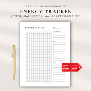 Puede incluir: Un documento PDF imprimible de seguimiento de energía con una cuadrícula para treinta y un días y doce meses, con secciones para energía promedio, claves y notas. El documento incluye el texto ENERGY TRACKER y se muestra junto a un bolígrafo dorado.