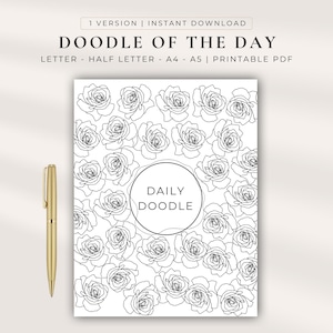 Może przedstawiać: Strona PDF do druku zatytułowana DOODLE OF THE DAY, LETTER - HALF LETTER - A4 - A5 | PRINTABLE PDF, przedstawiająca czarno-biały wzór liniowy z licznymi różami otaczającymi centralne koło z napisem DAILY DOODLE, obok złotego długopisu.