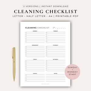 Puede incluir: Una lista de control de limpieza en PDF imprimible, blanca con texto negro, que incluye secciones para cada día de la semana de lunes a domingo, una sección de notas y una línea de fecha. Se incluye un bolígrafo dorado y un círculo rosa con texto.