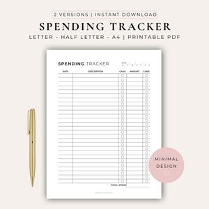 Puede incluir: Un documento imprimible de seguimiento de gastos con columnas para fecha, descripción, efectivo, cantidad y tarjeta, con el texto SPENDING TRACKER, LETTER - HALF LETTER - A4 y un bolígrafo dorado. Incluye una sección para el gasto total y fecha.
