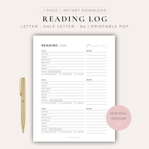 Minimalist Reading Log Printable | Book Tracker Template | Reading Journal Pages | Book Review Notes | Printable Planner Insert