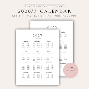 Puede incluir: Calendario imprimible minimalista en blanco y negro para 2026 y 2027. El calendario se muestra en dos páginas, con los meses y días claramente visibles. El texto "2026/7 CALENDAR" está en la parte superior.