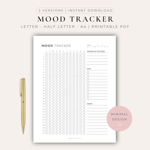 Puede incluir: Un documento PDF imprimible de seguimiento del estado de ánimo con una cuadrícula de círculos para el registro diario, una sección para el mantra del año, una clave y notas. La página incluye el texto MOOD TRACKER y un bolígrafo de metal dorado.