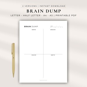 May include: A white printable Brain Dump planner page with black text, featuring a four-quadrant layout labeled Must Do, Should Do, Could Do, and Want To, with a date field and a gold pen positioned to the left of the document on a neutral background.