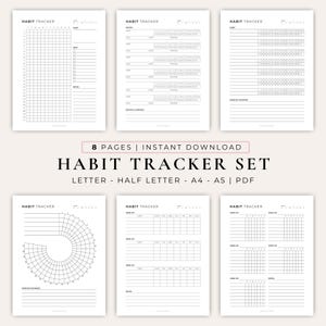 Puede incluir: Un conjunto de seguimiento de hábitos digitales con ocho páginas que presentan varios diseños de cuadrícula en blanco y negro, secciones de resumen mensual y columnas de seguimiento diario. El texto incluye "HABIT TRACKER" y "8 PAGES | INSTANT DOWNLOAD".