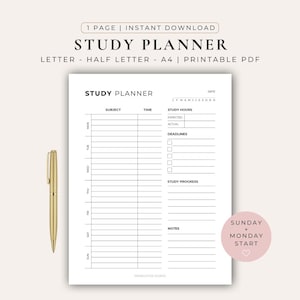 Puede incluir: Un planificador de estudio blanco con el título "STUDY PLANNER" en letras negras en negrita. El planificador incluye secciones para el tema, la hora, las horas de estudio, los plazos y el progreso del estudio. Un bolígrafo dorado descansa en el lado izquierdo.