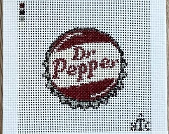 Ricamo su tela con tappo di bottiglia vintage di Dr Pepper
