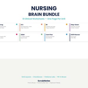 Puede incluir: Un gráfico blanco con el título "NURSING BRAIN BUNDLE" y el texto "8 Clinical Worksheets - One Page Per Unit." El gráfico incluye ocho hojas de trabajo clínicas, cada una con un borde y un título de color diferente, como "Med-Surg" e "ICU."