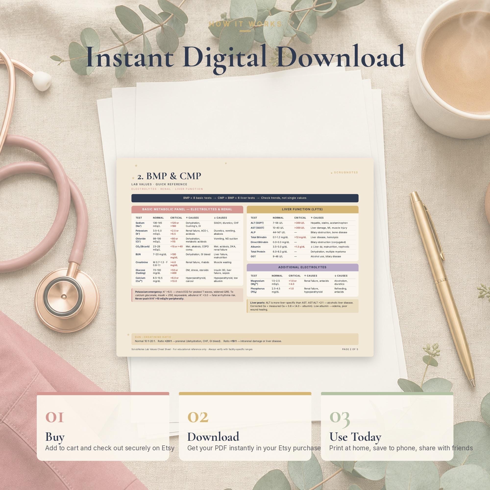 Cmp Lab Notes Lab Values Cheat Sheet for Nurses | 6 Pages | Cbc Bmp Cmp Abg Drug ...