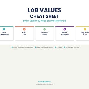 May include: A medical reference sheet titled "LAB VALUES CHEAT SHEET" with sections for CBC & Coagulation, BMP & CMP, Cardiac & Thyroid, ABGs & Acid-Base, and Drug Levels & UA. The sheet includes color-coded critical values and nursing considerations.