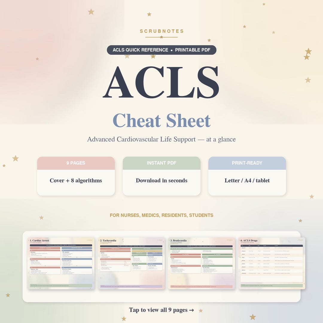 ACLS Cheat Sheet for Nurses | Cardiac Arrest, Tachycardia, Bradycardia ...