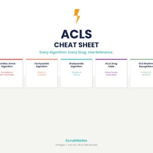 May include: An ACLS Cheat Sheet reference guide featuring a yellow lightning bolt icon, the text ACLS CHEAT SHEET, and the tagline Every Algorithm. Every Drug. One Reference. It includes five colored boxes for Cardiac Arrest, Tachycardia, Bradycardia, Drug Table, and ECG Rhythm Recognition.