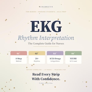 Puede incluir: Una guía digital titulada "Interpretación del ritmo EKG" para enfermeras y estudiantes de enfermería. La portada presenta el título en azul marino, con secciones sobre métodos, ritmos, fármacos y STEMI. También se incluye el texto "Read Every Strip With Confidence".