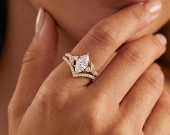 Nature Inspired 2.0ct Lab Diamond Engagement Ring Set Art Deco Marquise Cut Leaf Wedding Band Vintage 14k Solid Gold Bridal Set Gift for Her