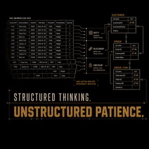 May include: A technical diagram on a black background showing raw unnormalised data in a table on the left, connected to a relational database schema on the right with entities, relationships, and constraints. Text reads: STRUCTURED THINKING. UNSTRUCTURED PATIENCE.