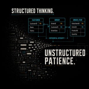 May include: A black graphic poster featuring the text STRUCTURED THINKING at the top and UNSTRUCTURED PATIENCE at the bottom. It displays a database schema diagram with tables for CUSTOMER, ORDER, and ORDER_ITEM, connected by lines labeled REFERENTIAL INTEGRITY, alongside scattered code snippets.