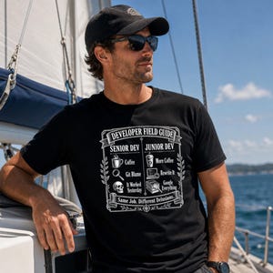 May include: A black t-shirt featuring a white graphic titled Developer Field Guide. The design compares Senior Dev and Junior Dev roles with icons and text including Coffee, Git Blame, It Worked Yesterday, More Coffee, Rewrite It, and Google Everything.