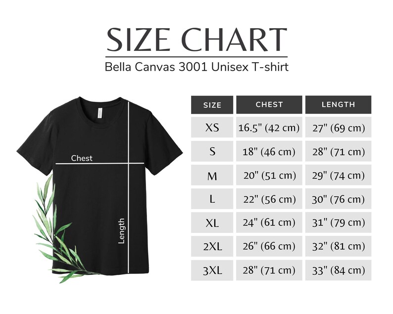 Op de afbeelding: Zwart Bella Canvas 3001 Unisex T-shirt met een maattabel. De tabel geeft borst- en lengtematen in centimeters voor de maten XS tot 3XL. De borstmaten vari&euml;ren van 42 cm tot 71 cm en de lengtes van 69 cm tot 84 cm.