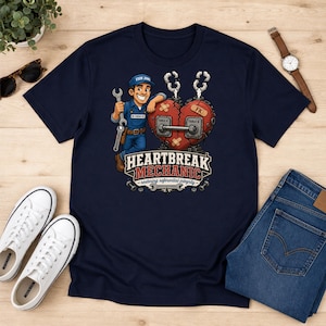May include: A navy blue t-shirt featuring a cartoon mechanic holding a wrench and leaning against a large red heart with mechanical parts, bandages, and the text "HEARTBREAK MECHANIC" and "restoring referential integrity" printed below.