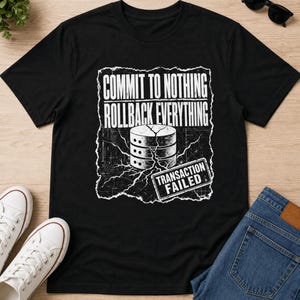 Koszulka „Nie rób nic, cofnij wszystko”, zabawna koszulka z grunge'owym tekstem SQL, prezent transakcyjny, humorystyczny prezent urodzinowy dla niego dla programisty i współpracownika zdjęcie 2