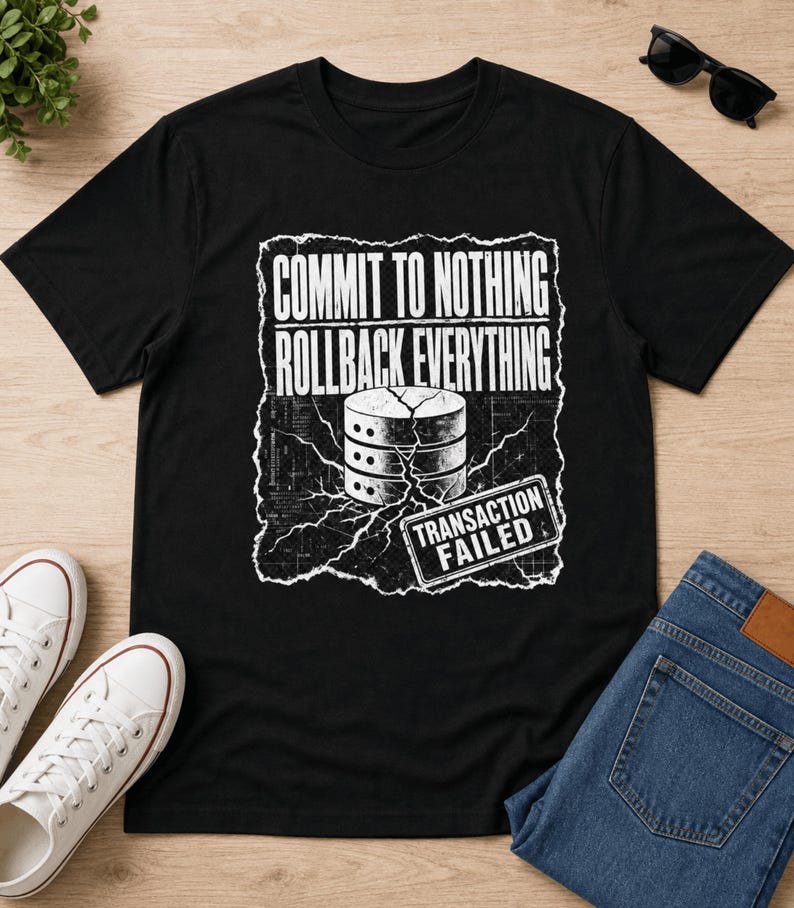 Koszulka „Nie rób nic, cofnij wszystko”, zabawna koszulka z grunge'owym tekstem SQL, prezent transakcyjny, humorystyczny prezent urodzinowy dla niego dla programisty i współpracownika zdjęcie 2