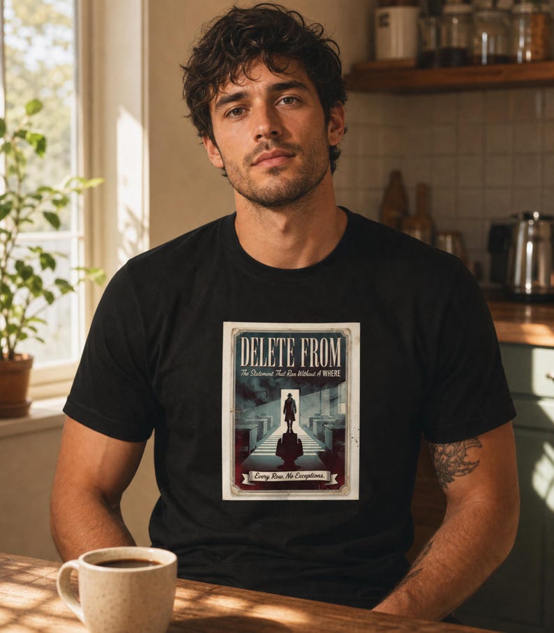 DELETE FROM SQL Server Tee, Database Programmer Humor, Retro Noir Shirt image 8