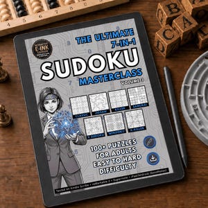 May include: A digital tablet showing "The Ultimate 7-in-1 Sudoku Masterclass Volume 3" with Sudoku puzzle illustrations. The tablet is on a wooden surface, with chess pieces, wooden blocks, and a maze. The text reads "100+ puzzles for adults easy to hard difficulty."