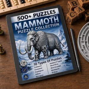 May include: A digital tablet displays the cover of a puzzle book titled "Mammoth Puzzle Collection." The cover features a detailed illustration of a mammoth. The tablet is on a wooden surface, with chess pieces, wooden blocks, and a maze nearby.