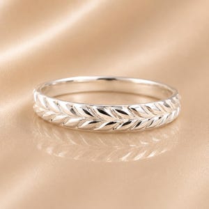 Sterling Silver Leaf Pattern Band, Nature Inspired Stacking Ring, Minimalist Wedding Gift
