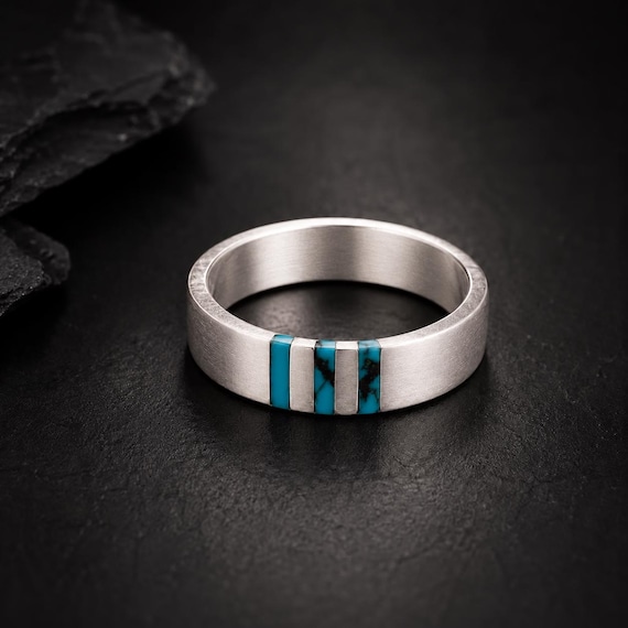 925 Sterling Silver Turquoise Inlay Ring, Handmade Minimalist Band, Unisex Wedding Gift