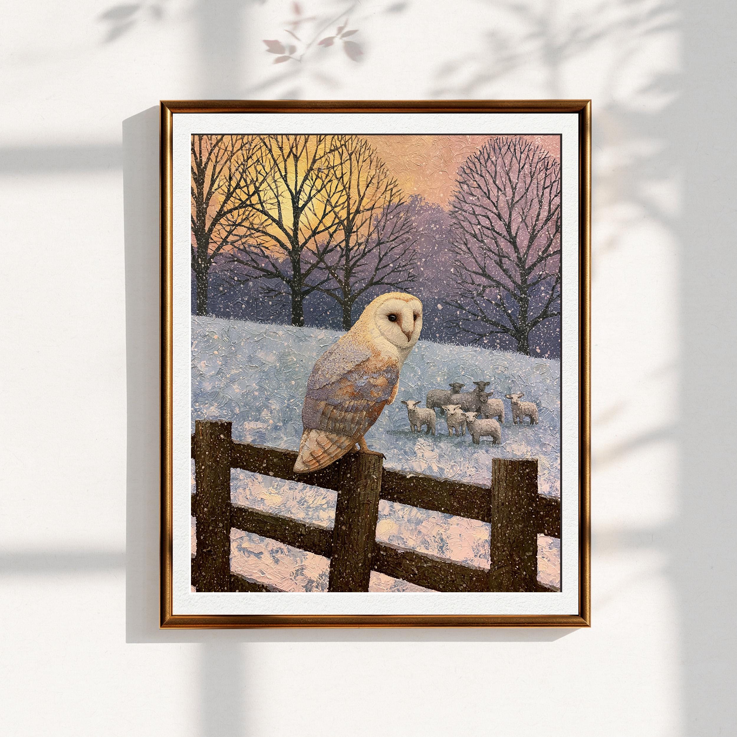 Winter Barn Owl Painting, Sheep in Snow Print, Sunset Wildlife Art, Christmas Holiday Decor  (Digita