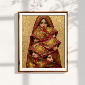 May include: A framed wall art print featuring multiple faces layered behind a single red fabric veil. The fabric is decorated with repeating circular patterns in yellow, green, and orange. The background is a textured, metallic gold surface.