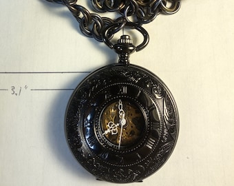 Skeleton Pocket Watch and Custom Black Oiled Titanium Chain - Free Shipping