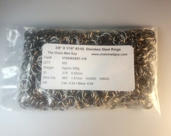 316L Stainless Jump Rings .375" X .062" 3/8" X 14AWG 16BSG QTY: 500