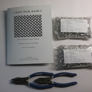 May include: A book titled "Chain Mail Basics: How to Knit the 4-in-1 Pattern Without Losing Your Mind or Your Patience" by Jerry Punner. Two bags of 3/8" x 1 1/16" #8336 aluminium rings, and two pairs of blue pliers.