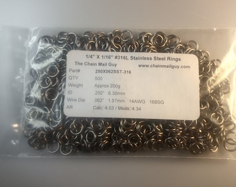 316L Stainless Steel Jump Rings .250" X .062" 1/4" X 14AWG 500pc