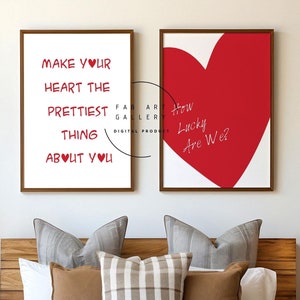Set of 2 Love Posters, How Lucky Are We Heart Print, Valentine&#39;s Day Decor, Bedroom Wall Art, Typography, Red Heart Poster - ID02 19 S2