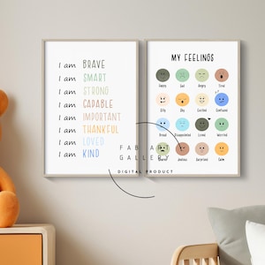 Feelings Chart And Motivational Posters, Set Of 2 Prints, Positive Posters For Boy Room, Classroom, Playroom, Toddler's room - ID02 11 S2