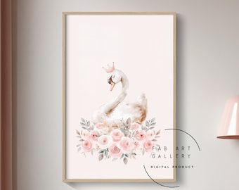 Poster Principessa Cigno, Stampa Bouquet di Rose Rosa, Decorazione da Parete per Bambini con Acquerello, Decorazione per la Stanza Rosa per Bambina, Decorazione per la Stanza Coquette - ID04 S04
