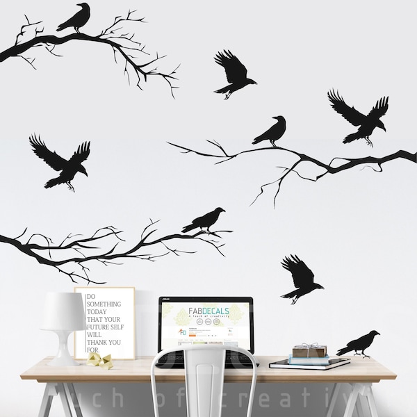 Black Crows And Winter Branches Vinyl Wall Decals, Halloween Decororation, Raven silhouette Gothic Home Decor, Black Bird - ID703