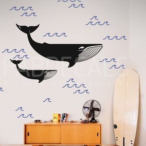 Large Whales Wall Decal, Ocean Waves Wall Decor, Kids Room And Nursery Decor, Sea Animals Wall Stickers - ID253