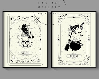 Set Of 2 Tarot Prints, Halloween Decoration, Home Decor, Raven And Skull Poster, Witch Wall Art, Home And Office Wall Decor - ID01 16 S2